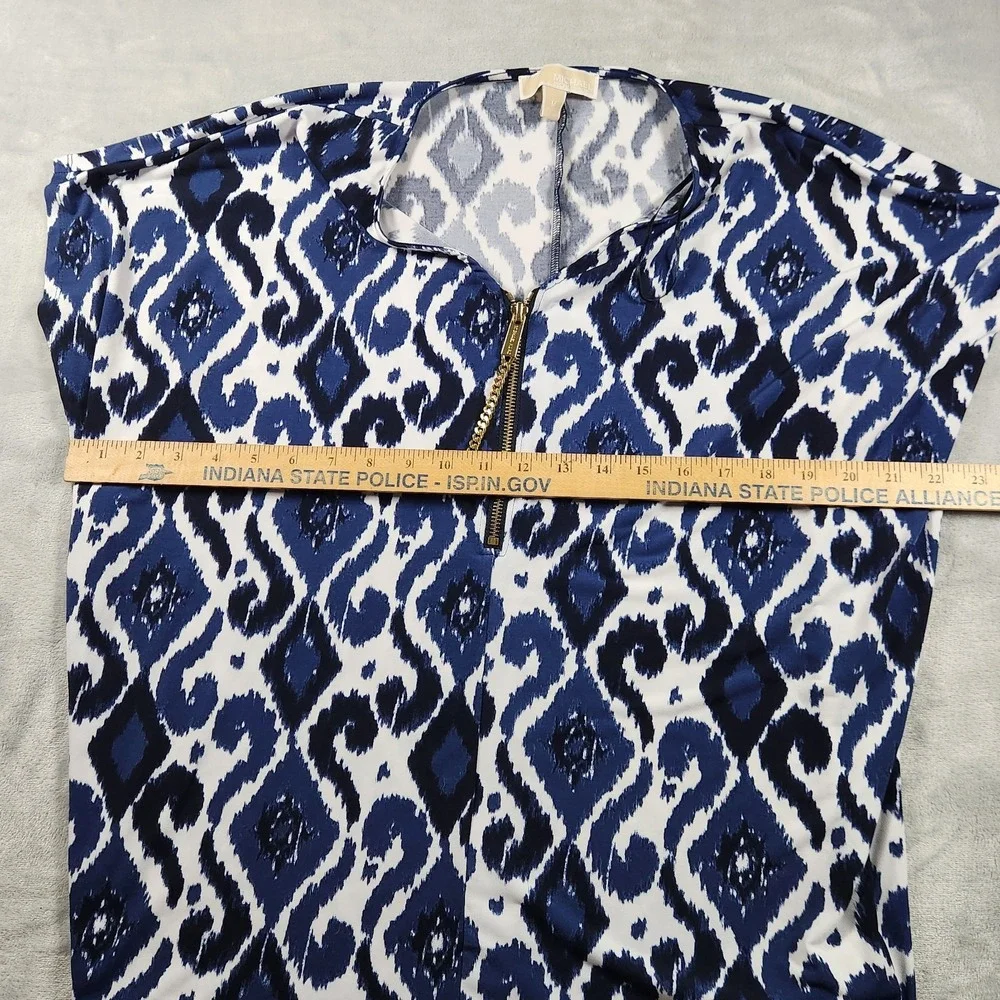 Michael Kors Women Top M Blue Whi PolyBlend Short Sleeve‎ 1/4 Zip Casual Blouse